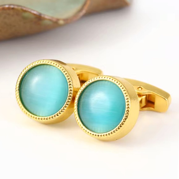Other - Elegant Round Caribbean Blue Aquamarine Cufflinks